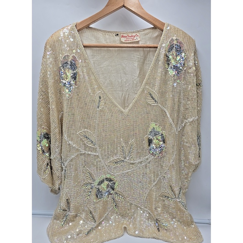 Vtg Hina Trading Co 100% Silk Beaded Floral Sequins Made in India 90's Blouse‎